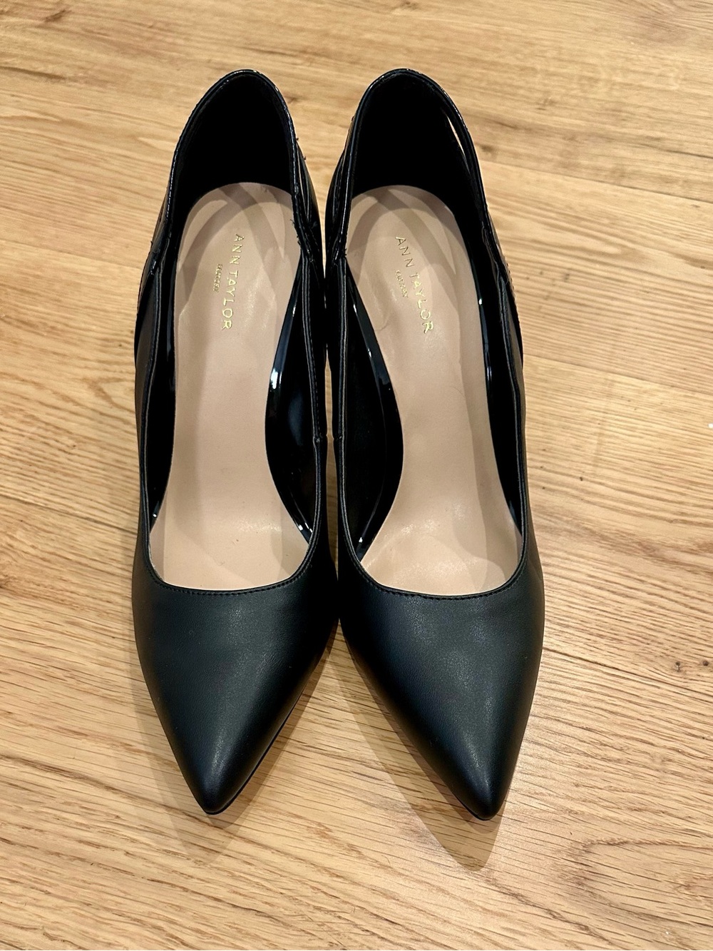 Ann Taylor Black Pointed Toe Patent-Trim Pumps
